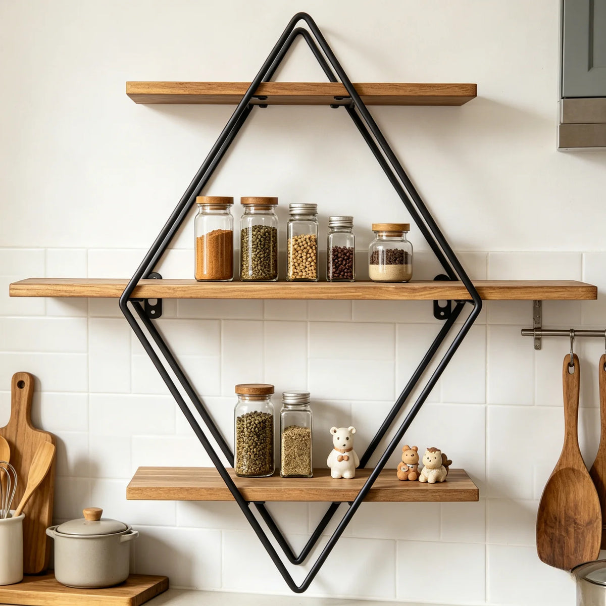 Étagère murale Rombo, losange métal et 3 tablettes bois