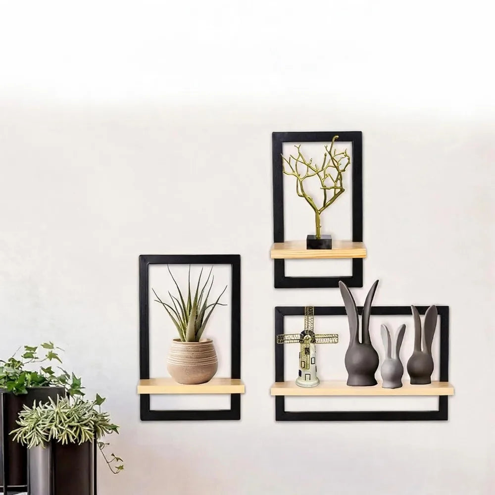 Étagères cadres Cornice, métal noir et bois, lot de 3