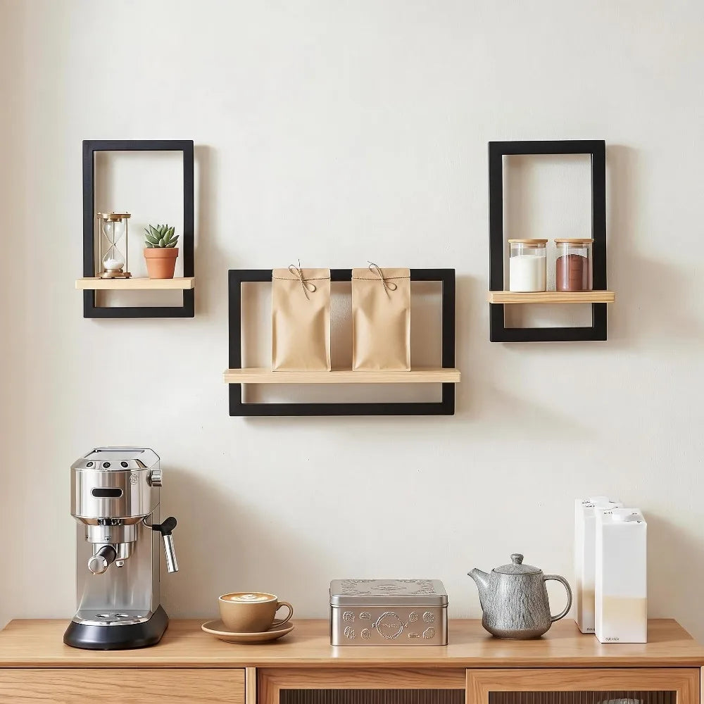 Étagères cadres Cornice, métal noir et bois, lot de 3