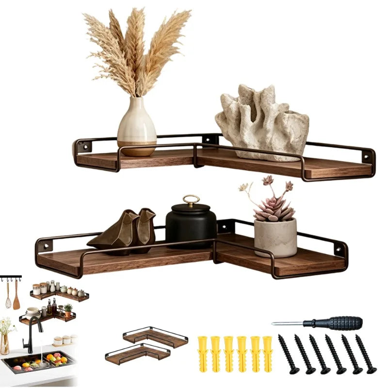 Étagères d'angle Gomito, lot de 2 avec rebord métal