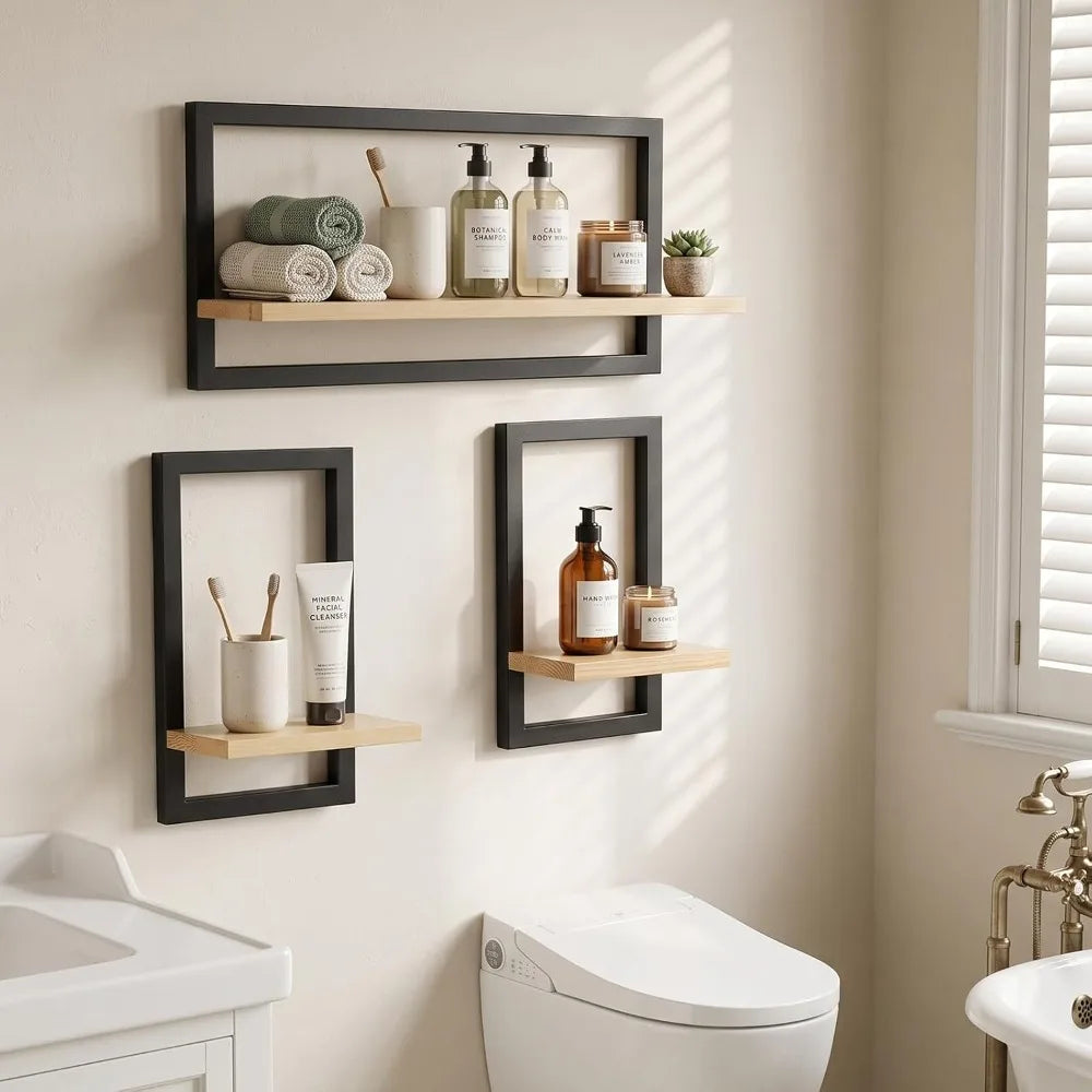 Étagères cadres Cornice, métal noir et bois, lot de 3