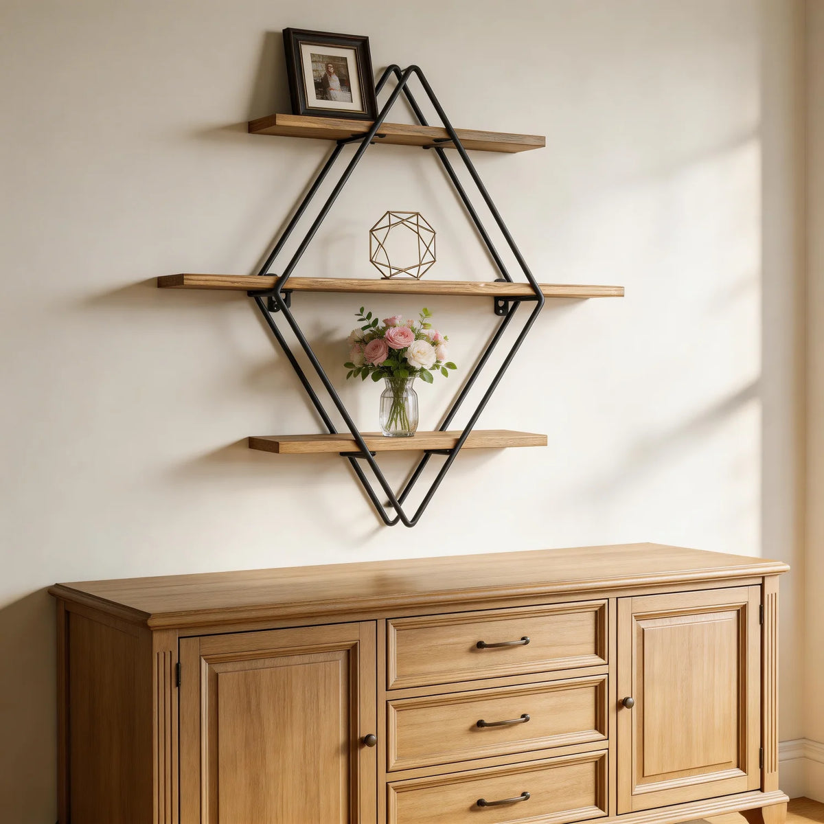 Étagère murale Rombo, losange métal et 3 tablettes bois