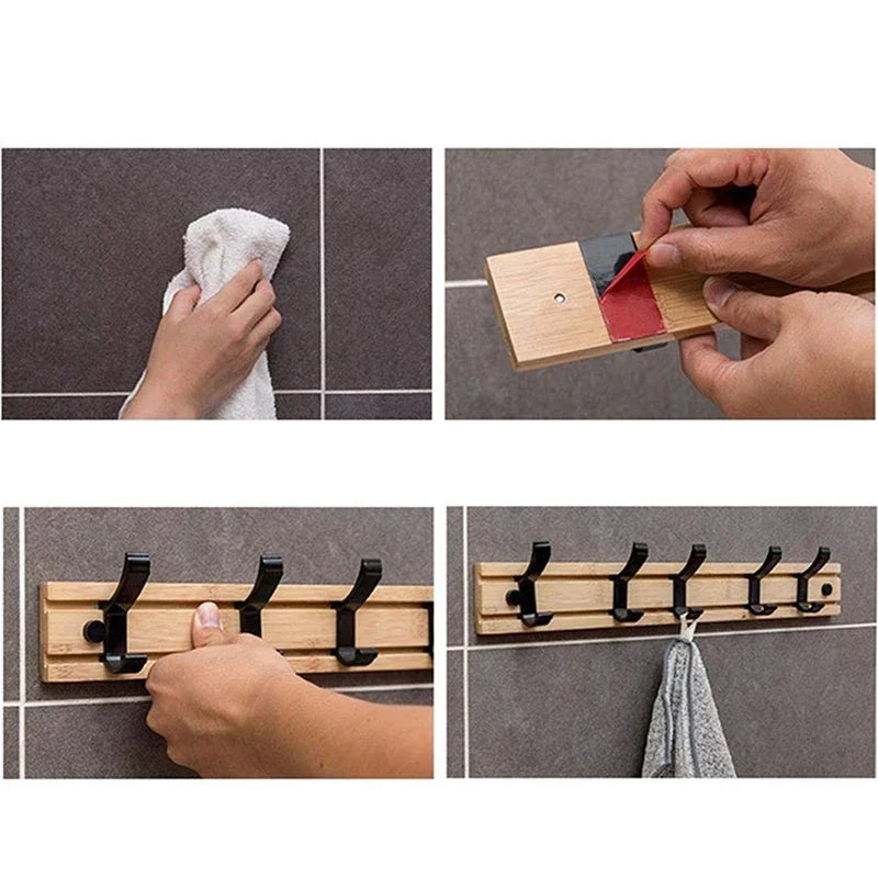 Porte-manteau mural Canna, bambou et crochets coulissants, vue 4