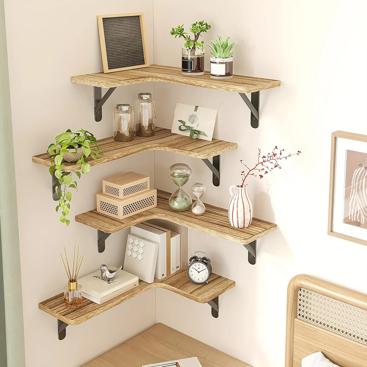 Étagère d'angle Cascata, 5 tablettes bois et équerres