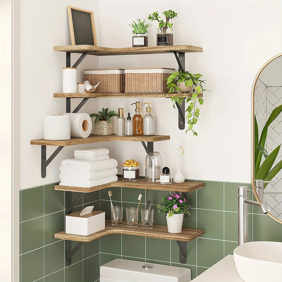 Étagère d'angle Cascata, 5 tablettes bois et équerres